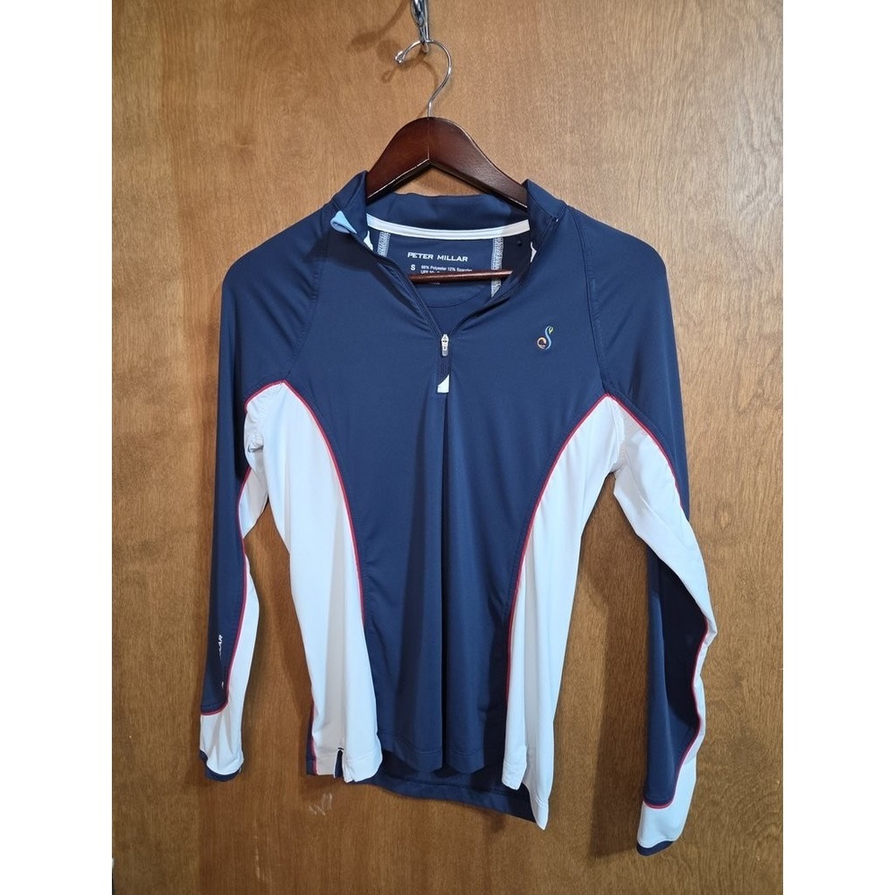 Peter Millar Golf Quarter Zip Pullover Womens Small Navy Blue White UPF 50 Sport